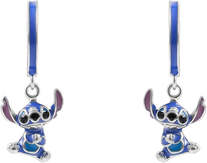 Boucles d’Oreilles Disney Stitch Bleues en Argent Massif – Demi-Créoles Émaillées