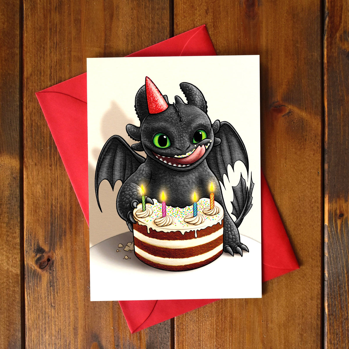 Carte d'anniversaire Dragon Nocturne illustré à la main