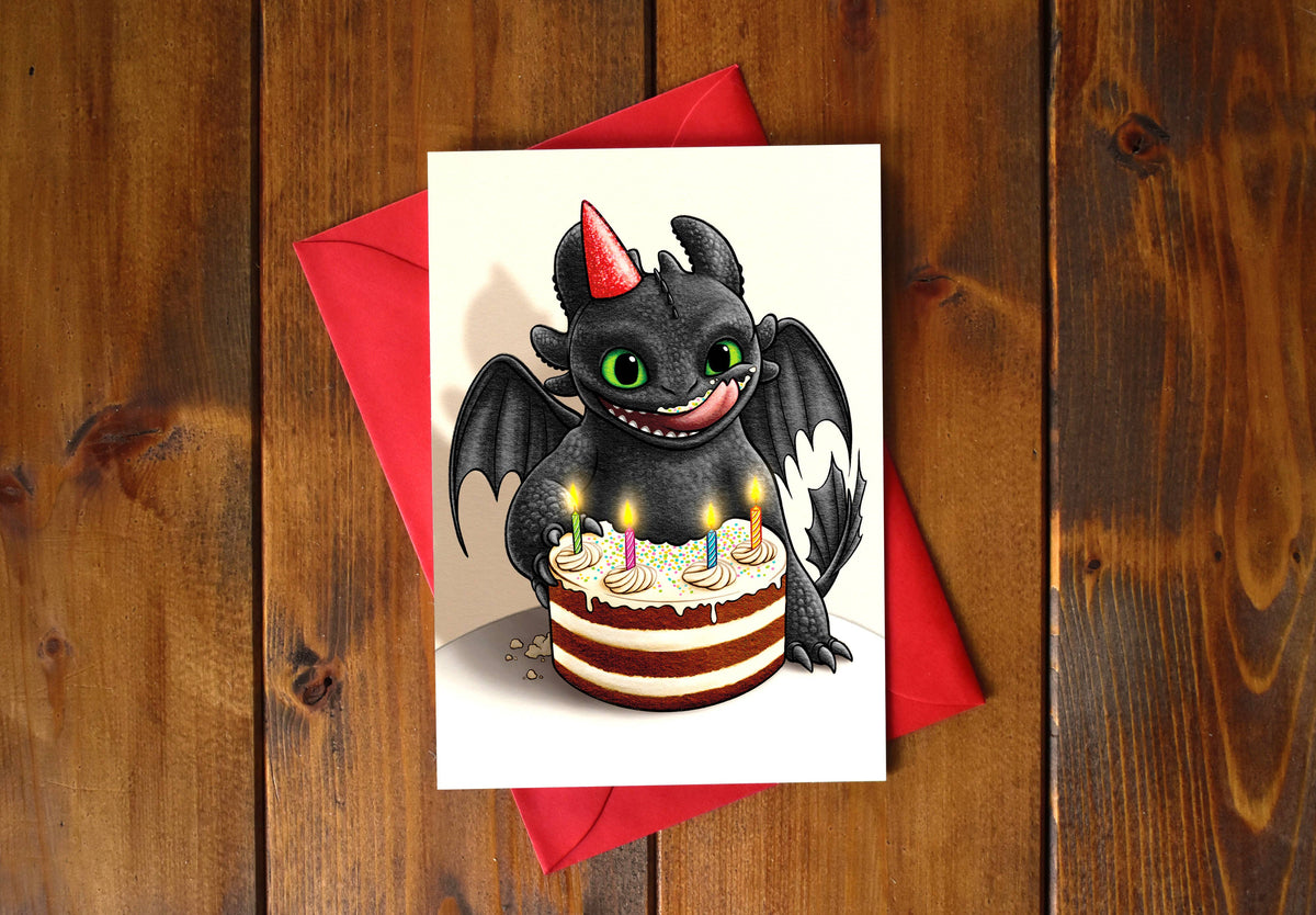 Carte d'anniversaire Dragon Nocturne illustré à la main