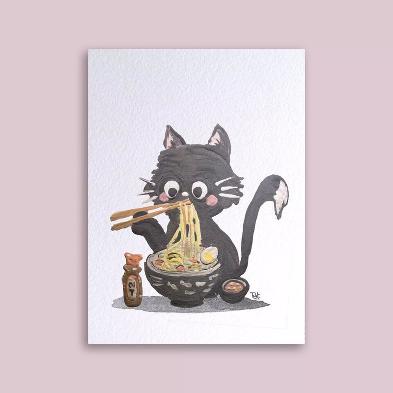 Carte postale – Chat noir et Ramen