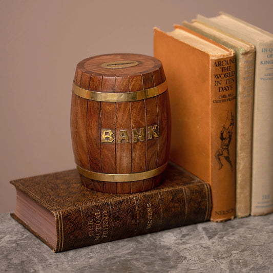 Tirelire tonneau vintage en bois – Modèle Banque