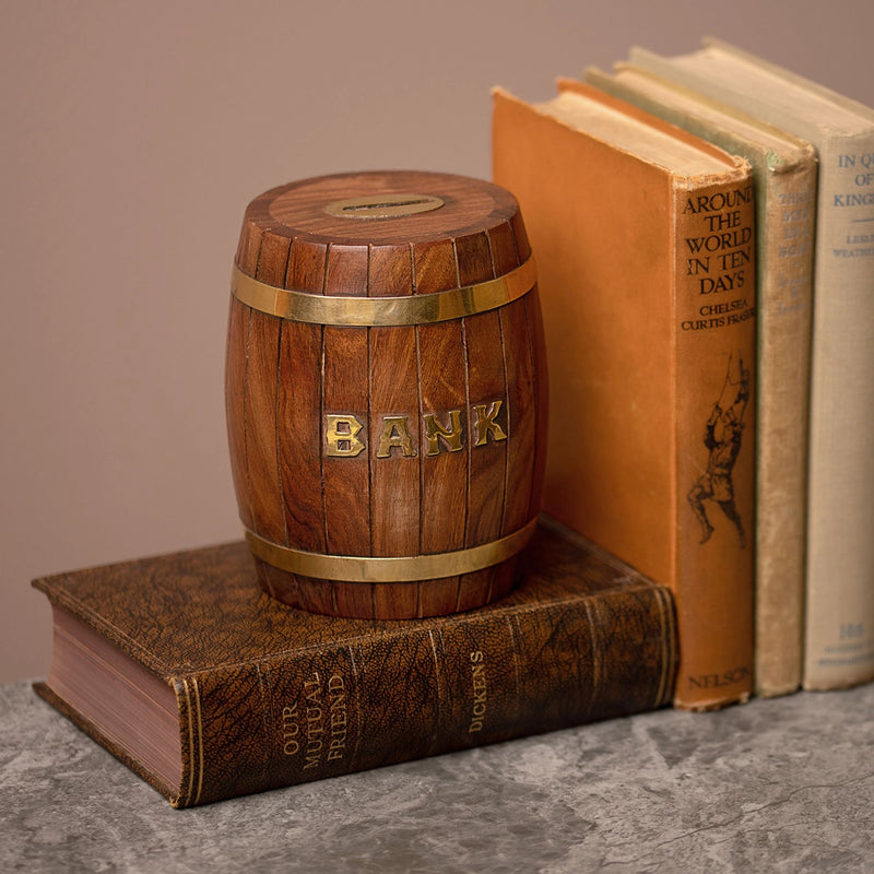 Tirelire tonneau vintage en bois – Modèle Banque
