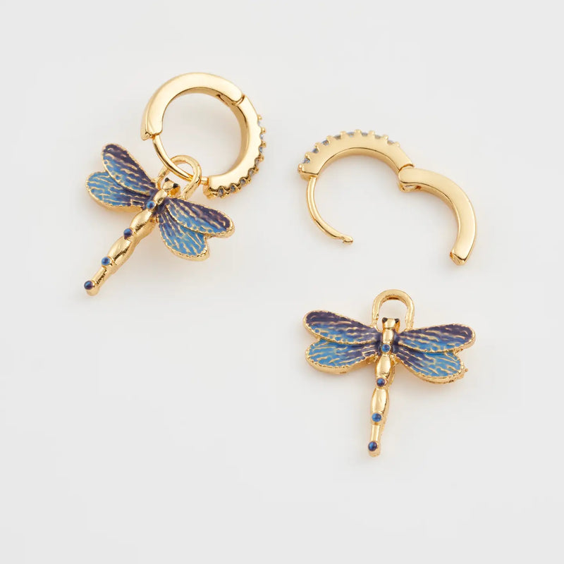 Boucles d’oreilles Fable England – Libellule bleue en émail et plaqué or