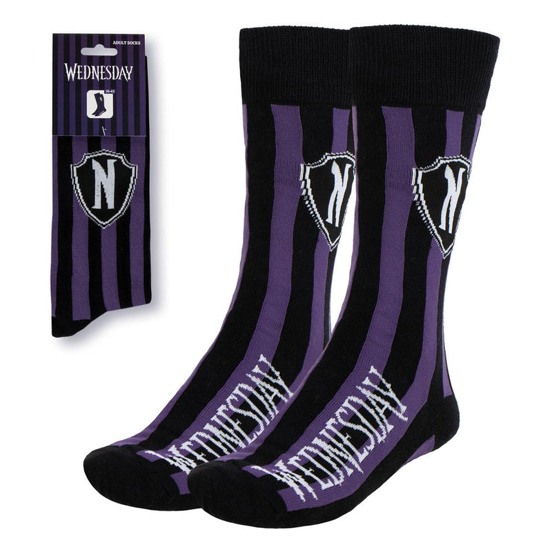 Chaussettes Wednesday – Académie Nevermore – Rayées violet et noir – Taille 36-43