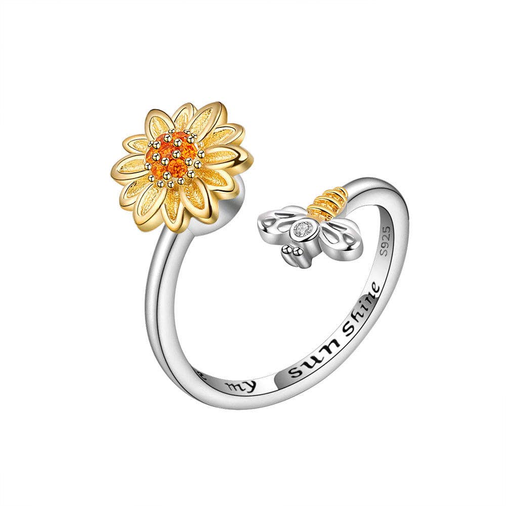Bague anti-stress tournesol rotatif en argent 925 – Ajustable