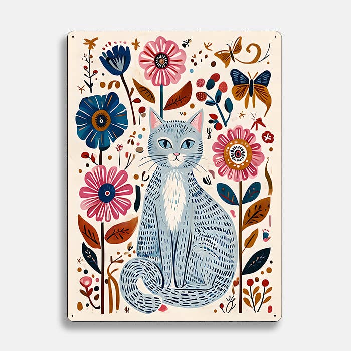 Affiche métal Chat gris Fleurs scandinaves
