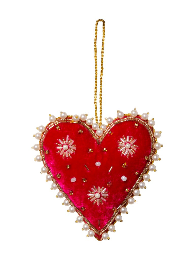 Cœur Suspension Velours Rouge – Brodé de Perles
