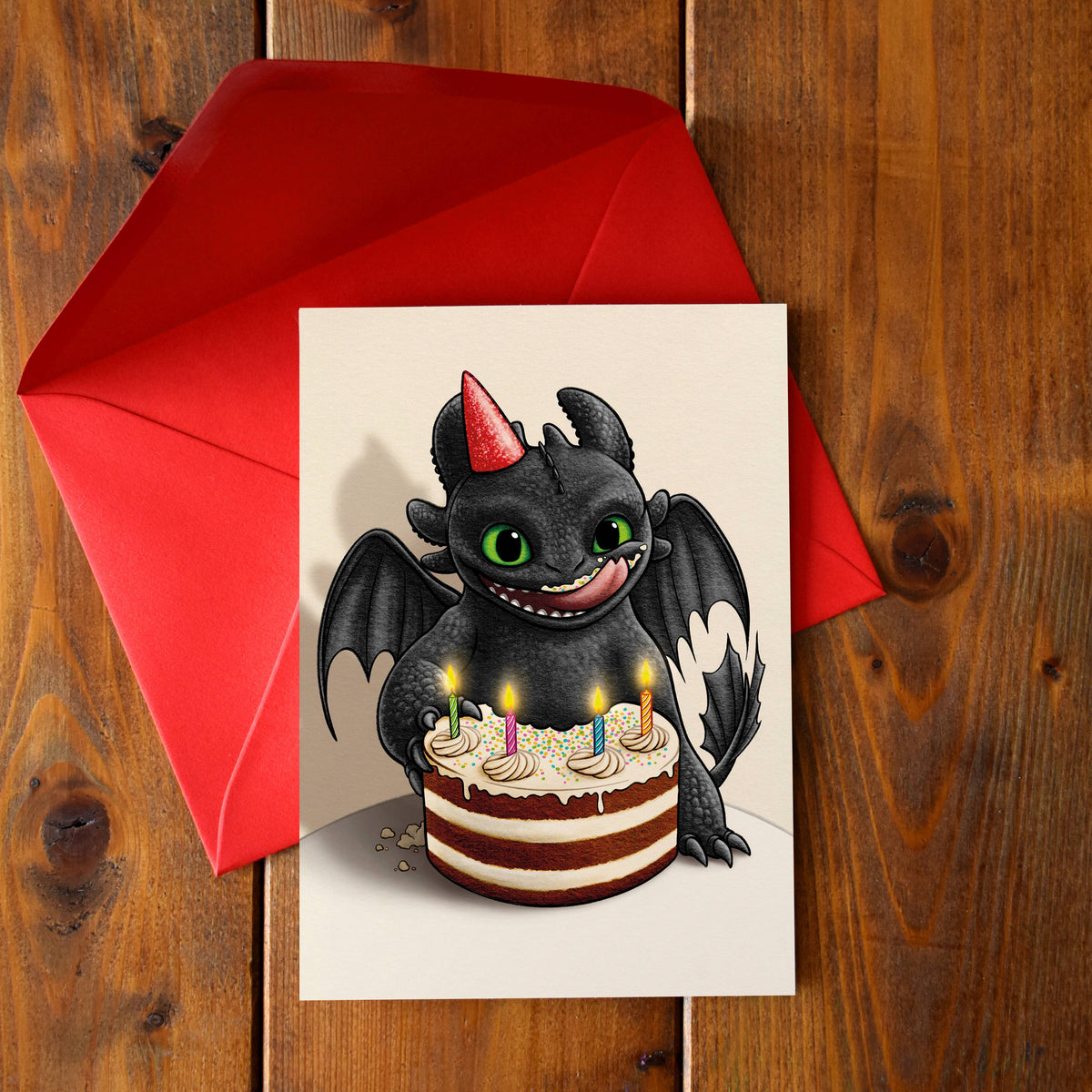Carte d'anniversaire Dragon Nocturne illustré à la main