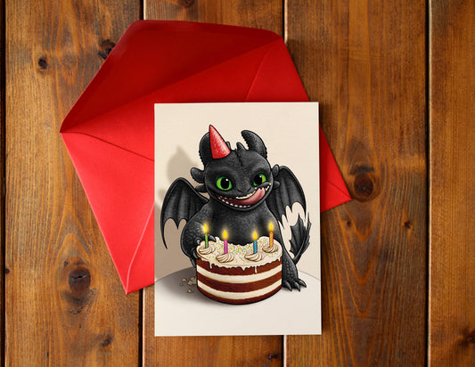 Carte d'anniversaire Dragon Nocturne illustré à la main
