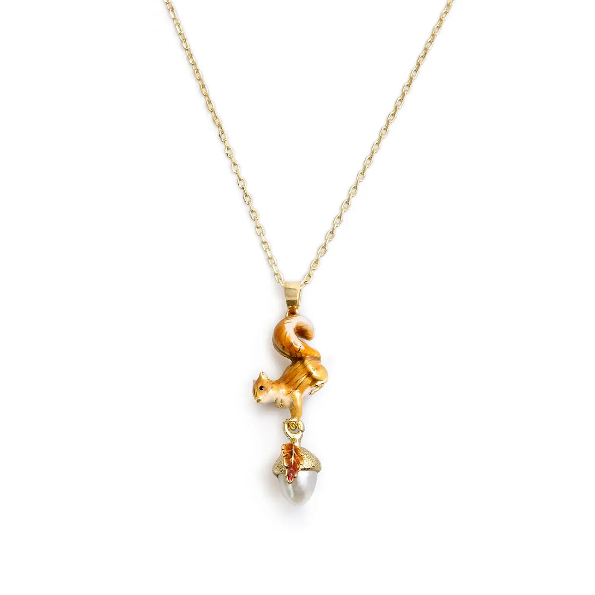 Collier Bill Skinner – Écureuil & Gland Plaqué Or – Pendentif Émaillé
