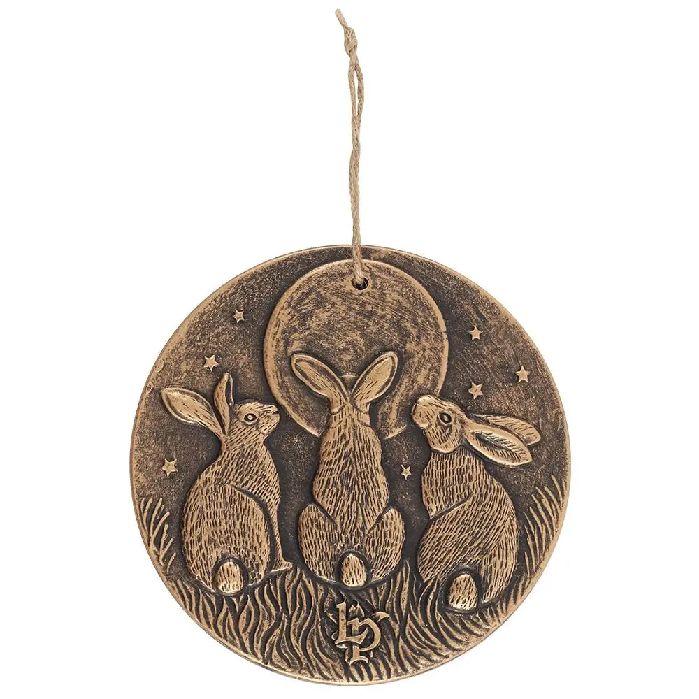 Plaque murale en terre cuite – Trois lapins et pleine lune – Effet bronze vieilli