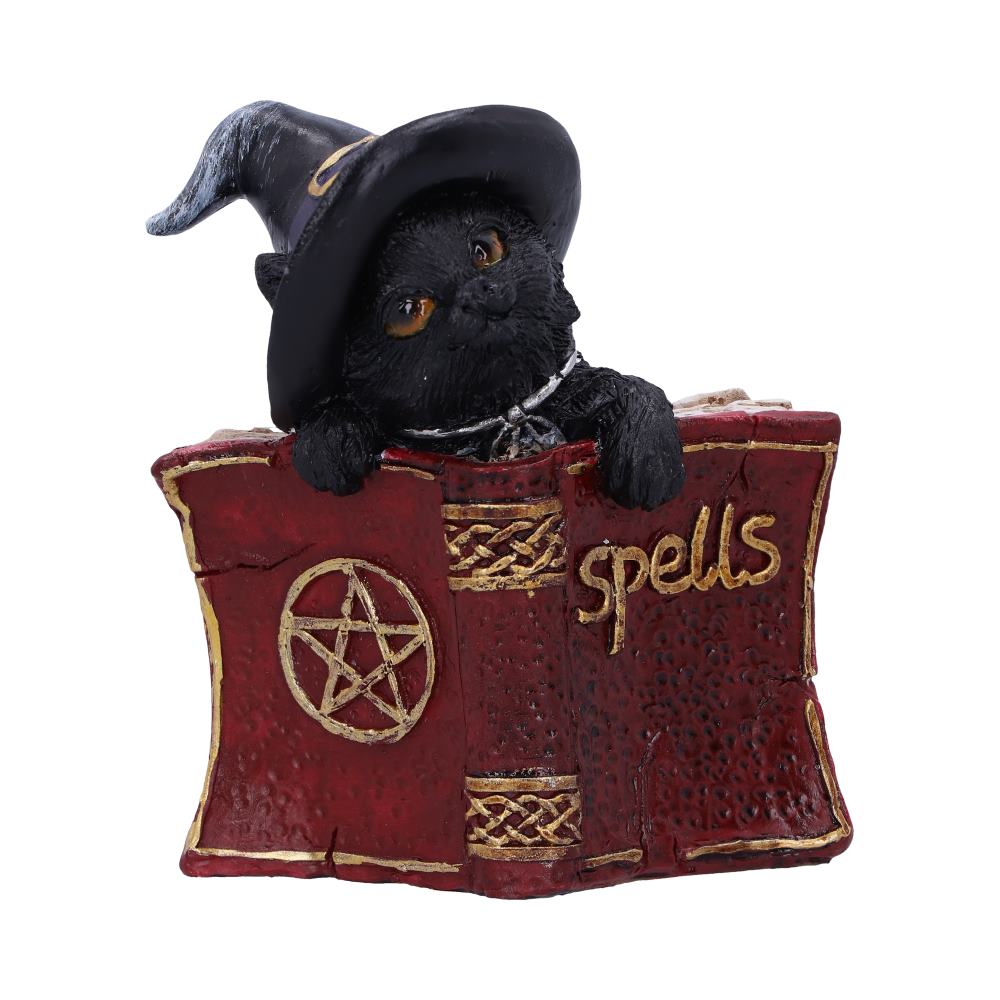 Statuette Chat Sorcier noir – Livre de Sortilèges rouge