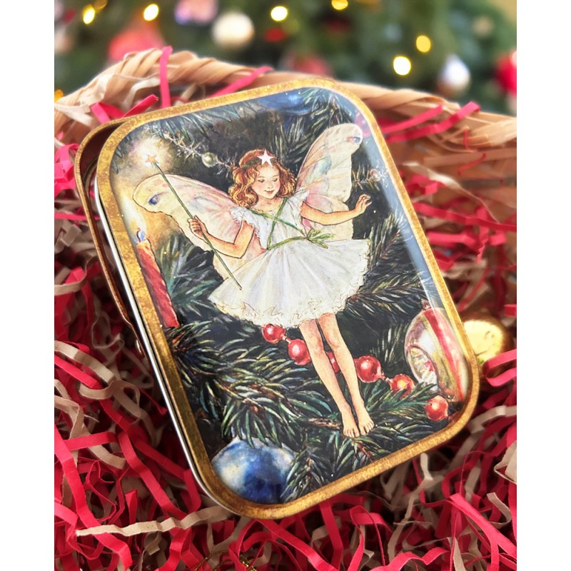 Petite boîte panier en métal Flower Fairies avec fée de Noël, style vintage