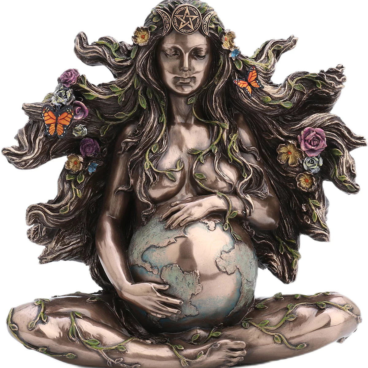 Statuette Gaia – Déesse Mère Terre effet bronze avec papillons et fleurs – Veronese Design