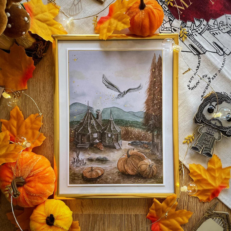 Illustration A5 Cabane du Gardien & Créature Ailée – Affiche enchantée