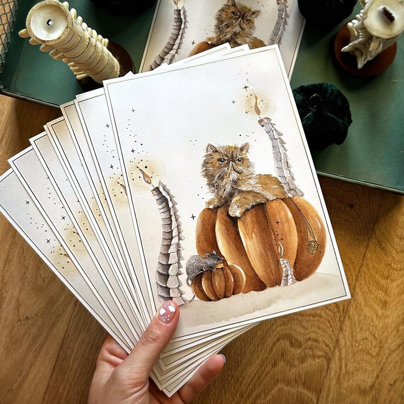 Illustration A5 chat, rat & citrouilles – Univers magique