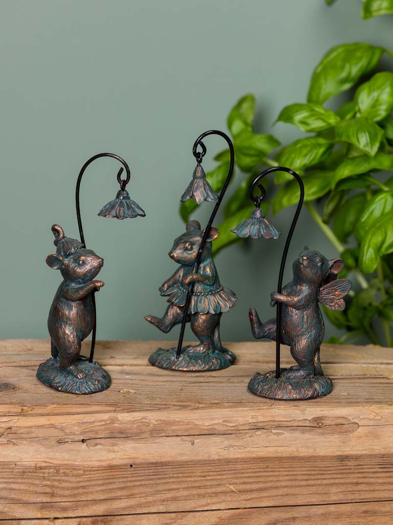 Lot de 3 petites souris féeriques sous lampadaire fleuri