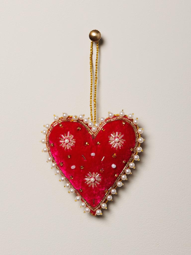 Cœur Suspension Velours Rouge – Brodé de Perles