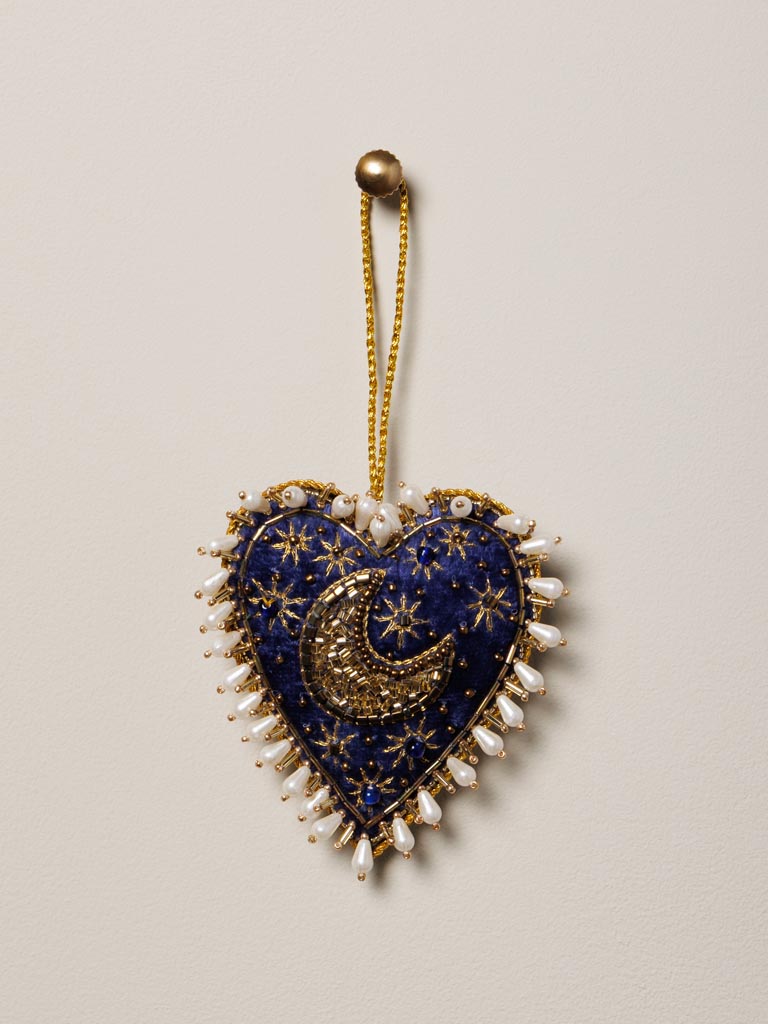 Cœur Suspension Velours Bleu Nuit – Lune & Étoiles Brodées