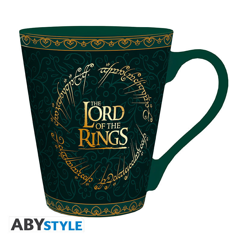 Mug elfique Le Seigneur des Anneaux vert profond à motifs dorés et inscriptions de l'Anneau