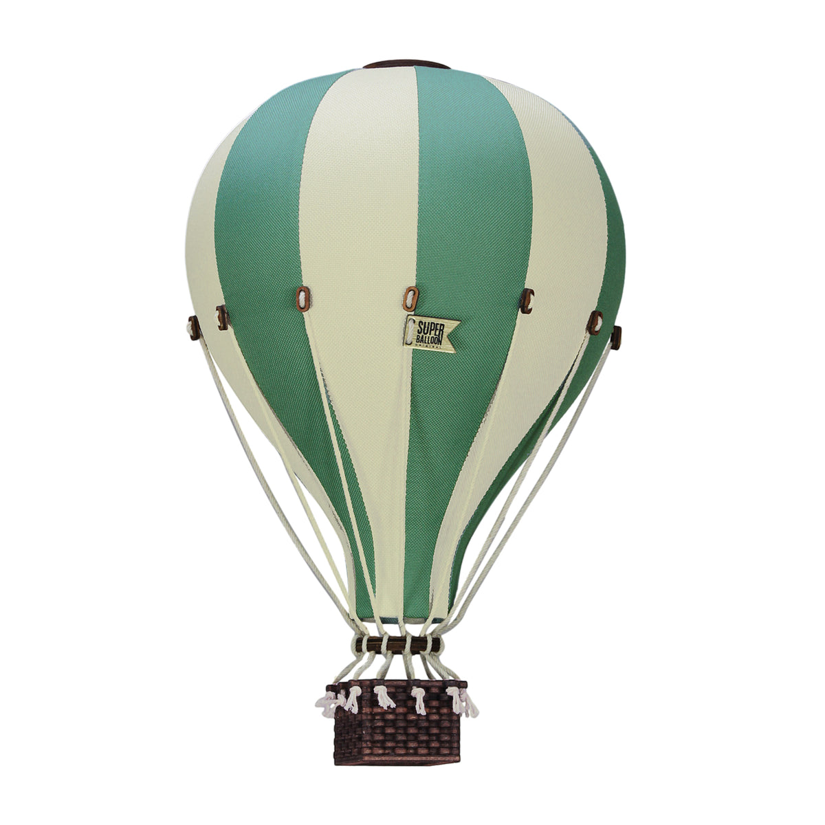 Montgolfière en tissu décorative à suspendre, de couleur verte et blanche