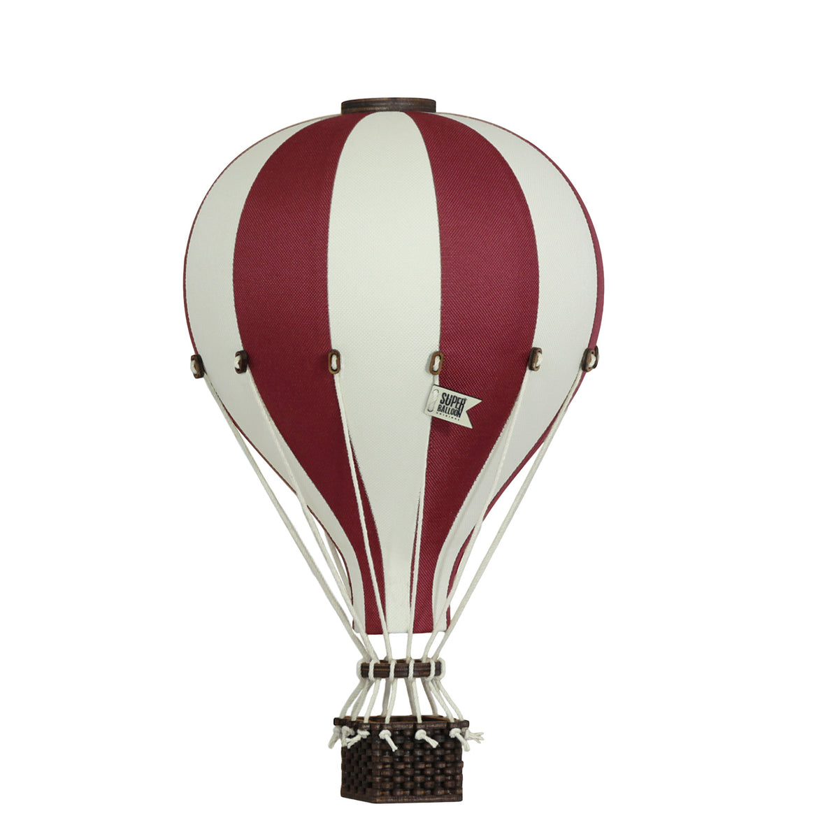 Montgolfière en tissu décorative à suspendre, de couleur rouge et blanche, moyen modèle