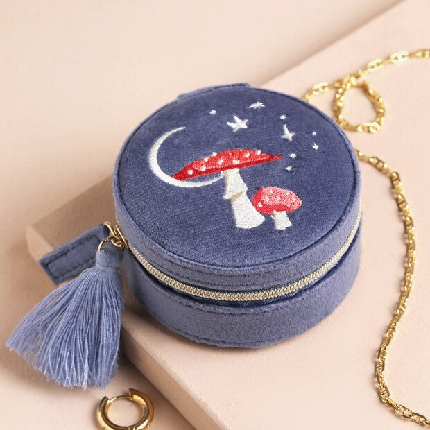 Boîte à bijoux ronde champignons – Velours bleu nuit