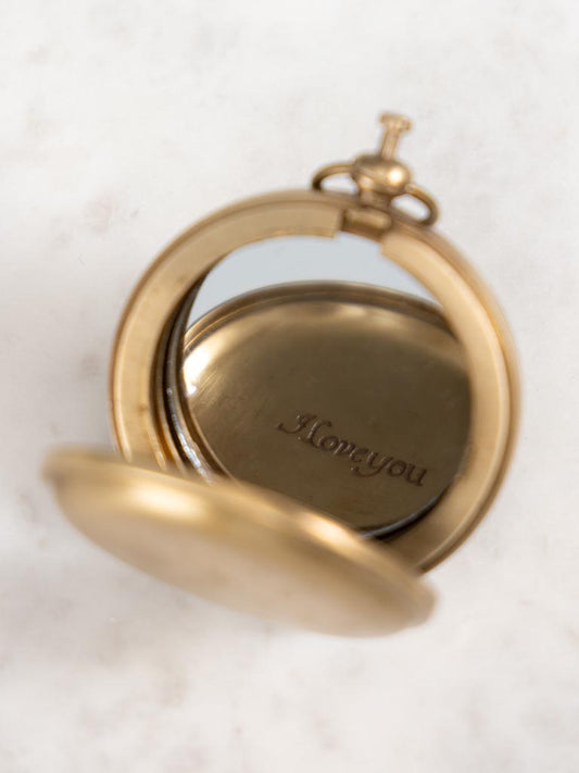 Miroir de poche rond en laiton – Gravure « I Love You »
