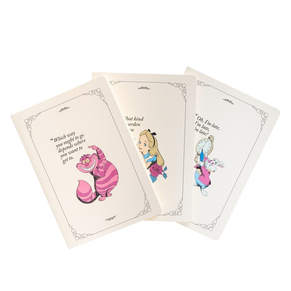Lot de 3 Carnets A5 Disney – Alice au Pays des Merveilles | Chat du Cheshire, Alice & Lapin Blanc
