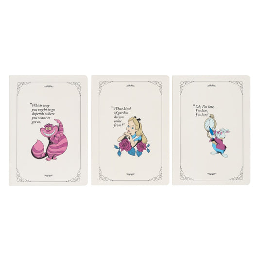Lot de 3 Carnets A5 Disney – Alice au Pays des Merveilles | Chat du Cheshire, Alice & Lapin Blanc