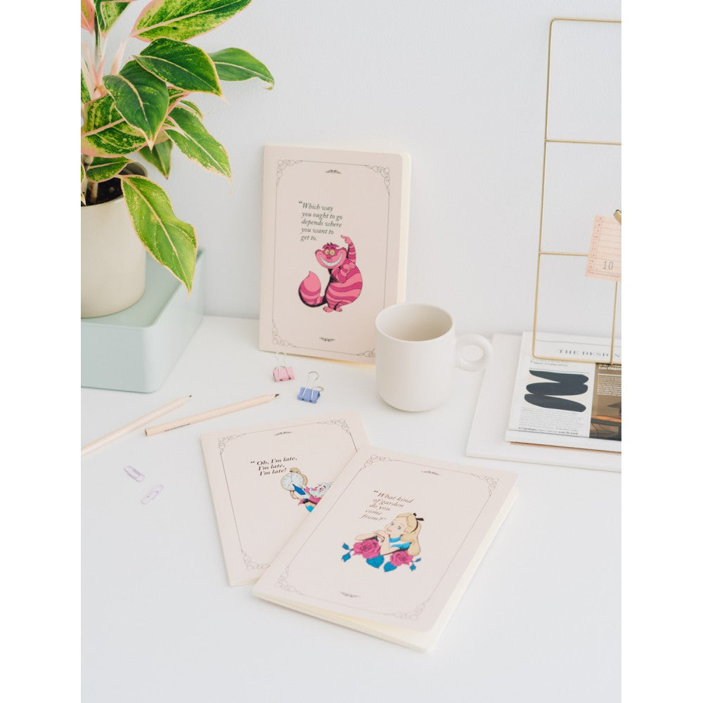 Lot de 3 Carnets A5 Disney – Alice au Pays des Merveilles | Chat du Cheshire, Alice & Lapin Blanc