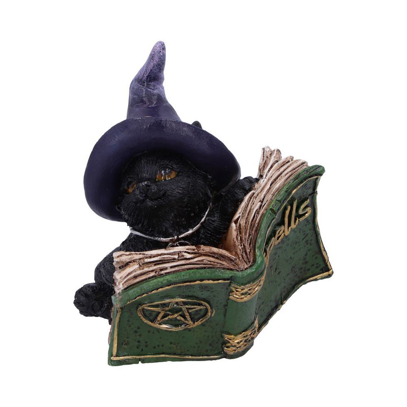 Statuette Chat Sorcier noir – Livre de Sortilèges vert