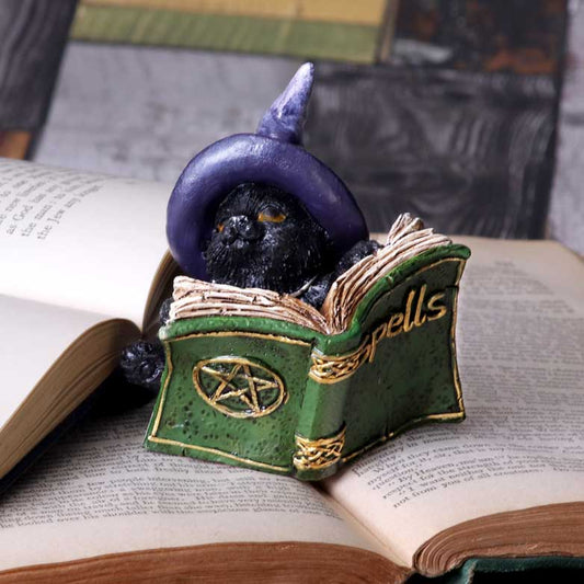 Statuette Chat Sorcier noir – Livre de Sortilèges vert
