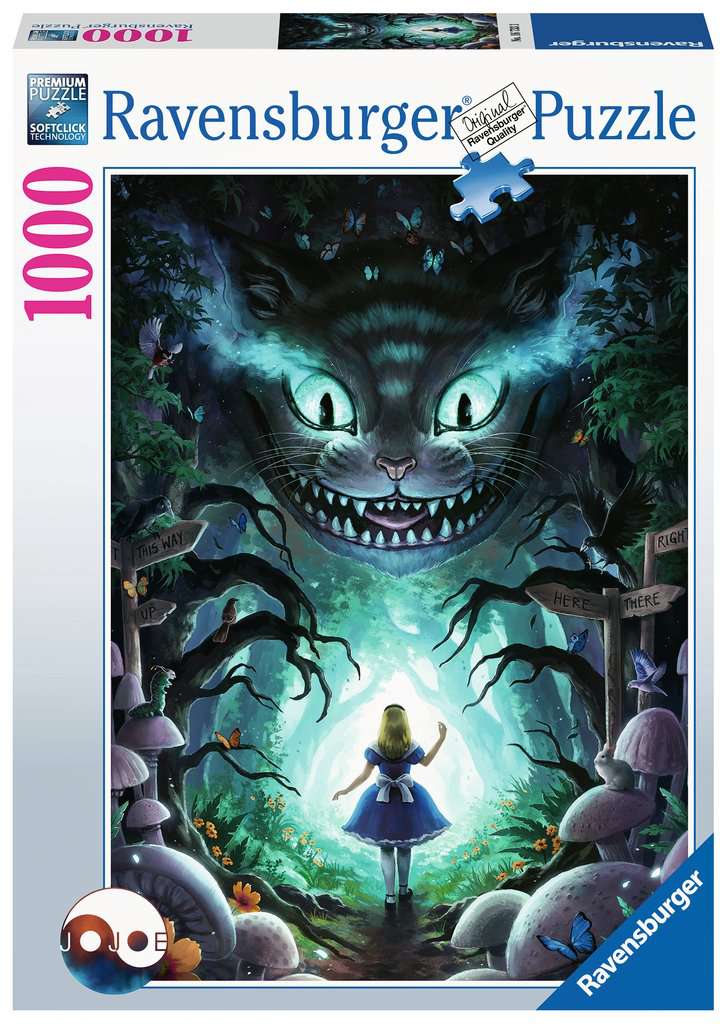 Boite du puzzle alice au pays des merveilles dans des tons bleux et un air effrayant