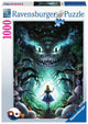 Boite du puzzle alice au pays des merveilles dans des tons bleux et un air effrayant