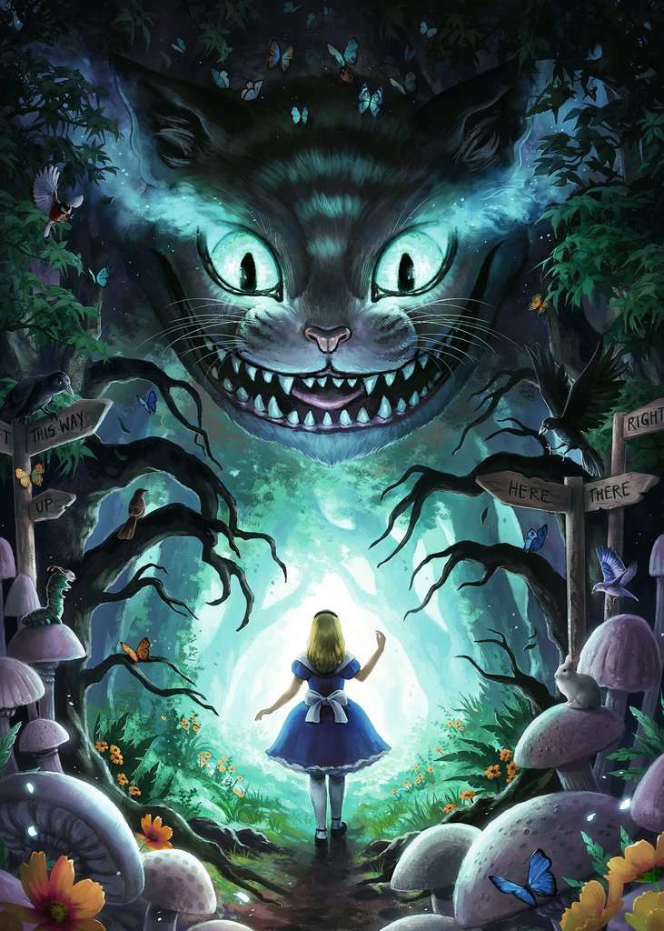 puzzle alice au pays des merveilles dans des tons bleux et un air effrayant