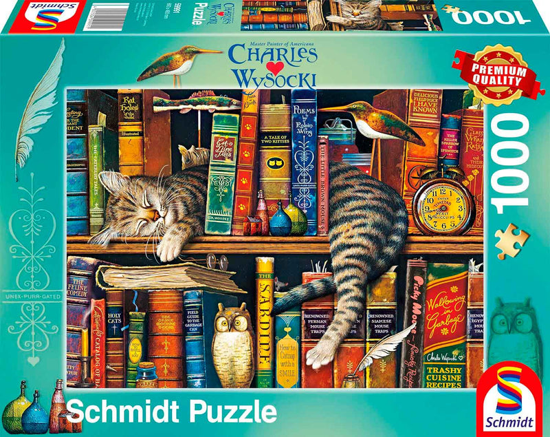 Puzzle Schmidt 1000 pièces – Chat endormi dans la bibliothèque