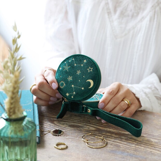 Boîte à bijoux en velours vert – Constellations dorées