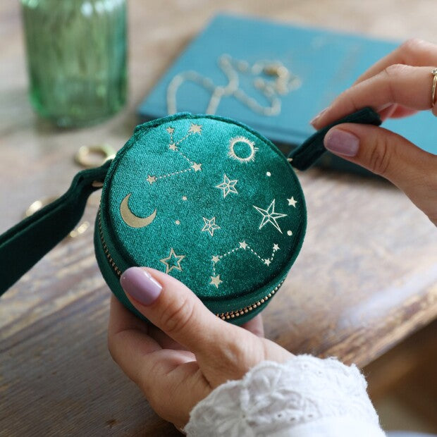 Boîte à bijoux en velours vert – Constellations dorées