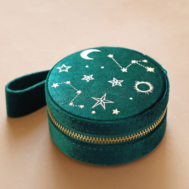 Boîte à bijoux en velours vert – Constellations dorées