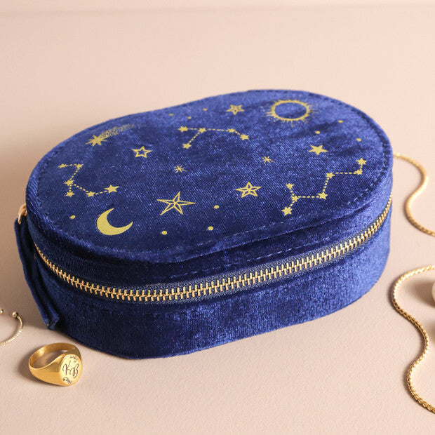Boîte à bijoux velours bleu nuit constellations et astres