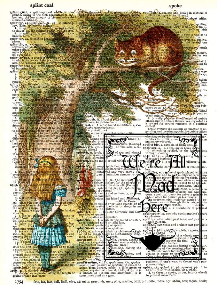 Affiche Vintage – Alice au Pays des Merveilles et le Chat du Cheshire sur page de dictionnaire anglais